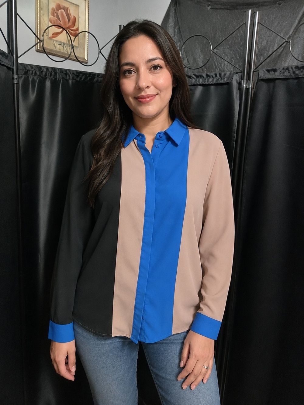 SHEIN Blue, Black & Tan Colorblock Button-Down Shirt Long Sleeve Women's L